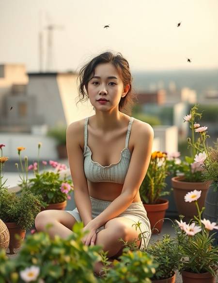 eco acrylic, serene expression, sitting calmly, photorealistic, rooftop garden with herbs and flowers, highly detailed, insects buzzing around, shallow depth of field, pastel colors, soft morning light, shot with an 85mm lens.