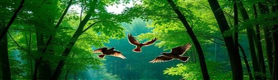 green acrylic, content expression, blending with nature, photorealistic, dense forest with visible wildlife, highly detailed, birds flying, high-resolution image, rich emerald tones, dappled sunlight, shot with a 35mm lens.