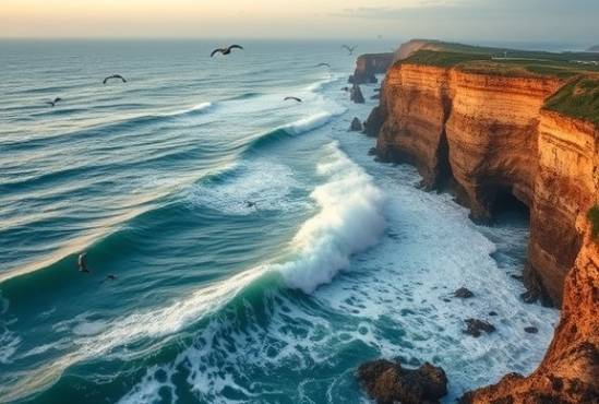 bio acrylic, curious expression, seamlessly integrating, photorealistic, seaside cliffs with crashing waves, highly detailed, seabirds diving, wide angle shot, seafoam blues and greens, golden hour light, shot with a 24mm lens.