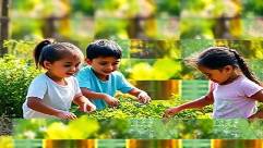 eco acrylic, joyful expression, interacting harmoniously, photorealistic, community garden with diverse plants, highly detailed, children playing, bokeh background, vibrant colors, midday sun, shot with a 70mm lens.