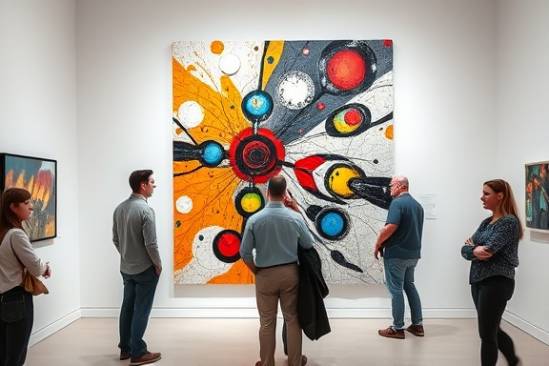 intricate acrylic art, introspective, exploring abstract themes, photorealistic, gallery setting with minimalist white walls, highly detailed, viewers engaging with the piece, fine brushstroke textures, bold primary colors, diffused natural lighting, shot with a macro lens.