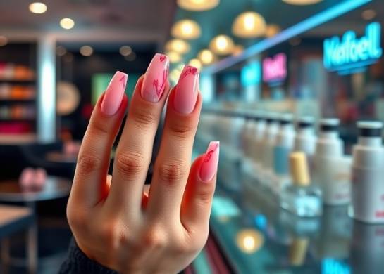 stylish acrylic nails, chic, showcasing modern nail art, photorealistic, in a bustling city nail salon, highly detailed, reflections from glass surfaces, sharp definition, glossy pastels, neon lighting, shot with a 50mm prime lens.