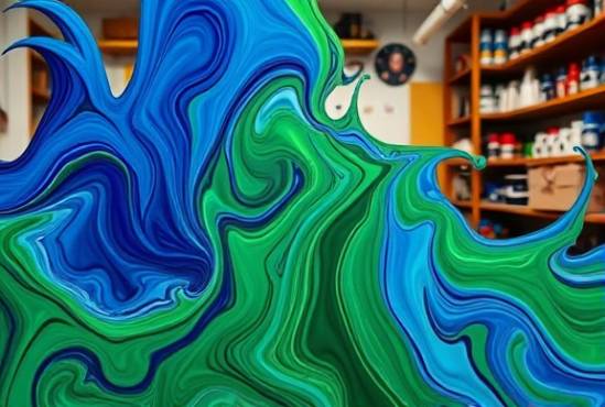 dynamic acrylic pour, mesmerized, displaying fluid patterns in motion, photorealistic, artist's studio with cluttered shelves of paints, highly detailed, paint flows and interacts, high viscosity paint movements, vibrant blues and greens, soft ambient lighting, shot with a 24mm tilt-shift lens.