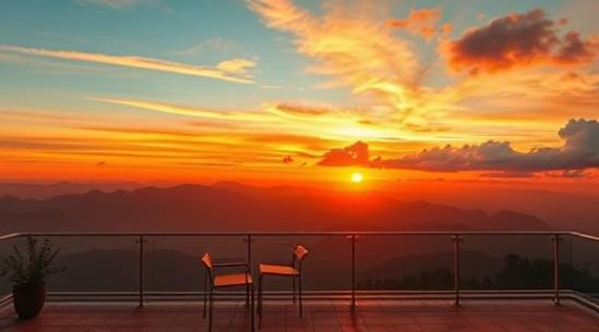 captivating acrylic painting, meditative, portraying a sunset over a mountain range, photorealistic, open-air terrace with view of distant peaks, highly detailed, soft clouds drifting above, fine gradients, rich amber hues, twilight lighting, shot with a 100mm macro lens.