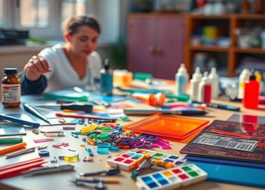 innovative acryliccraft, focused, assembling components, photorealistic, tabletop filled with colorful acrylic sheets and glue, highly detailed, scattered tools and fragments, depth of field, rainbow hues, natural daylight through a window, shot with a 85mm lens.