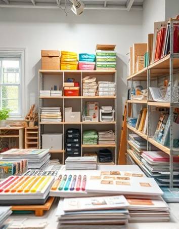 complex acrylicproject, thoughtful, aligning edges, photorealistic, amidst a bright craft room with storage shelves, highly detailed, layers of acrylic and crafting papers, high resolution, translucent pastels, overhead spotlight, shot with a 35mm lens.