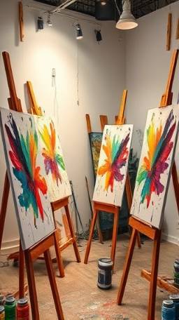 abstract acrylicart, inspired, painting acrylic strokes, photorealistic, open studio with easels and canvases, highly detailed, splashes of colors and paint tubes, focus stacking, bold and vivid contrasts, warm ambient lighting, shot with a 24mm wide-angle lens.