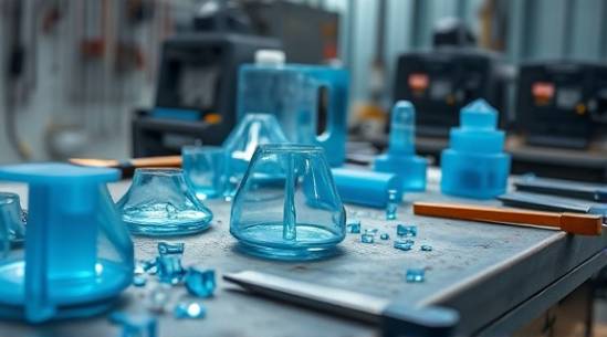 precise acrylicfabrication, meticulous, shaping forms, photorealistic, on an industrial workbench with measuring tools, highly detailed, chips and cut-outs scattered, sharp focus, clear and cool blues, directional harsh lighting, shot with a 50mm lens.