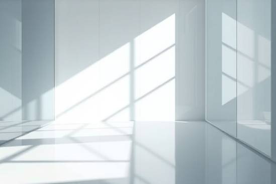 sleek acrylic sheets, calm, reflecting light perfectly, photorealistic, a modern interior with a minimalist design, highly detailed, light and shadows interplay, 85mm, clear and subtle shades, diffused natural lighting, shot with a zoom lens