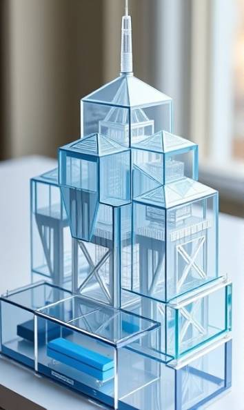 innovative acrylic design, sophisticated, blending geometric shapes, photorealistic, an architectural model with intricate structures, highly detailed, transparent and opaque layers, 70mm, cool blues and silvers, natural daylight, shot with a tilt-shift lens