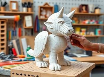 creative acrylic craft, playful, being assembled into a sculpture, photorealistic, a craft room filled with tools and raw materials, highly detailed, hands at work with precision, 40mm, pastel colors, bright overhead lighting, shot with a standard lens