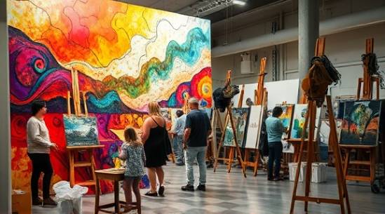 intricate acrylic paint, abstract, revealing hidden images, photorealistic, an art workshop bustling with artists and students, highly detailed, layers building up on canvas, 90mm, contrasting warm and cool colors, ambient and focused lighting, shot with a prime lens