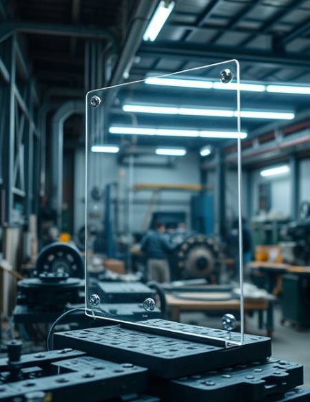 enduring plexiglass durability, resilient, resisting, photorealistic, industrial workshop setting with heavy machinery, highly detailed, motion elements, 4k capture, transparent, cool fluorescent lighting, shot with a 24mm lens.
