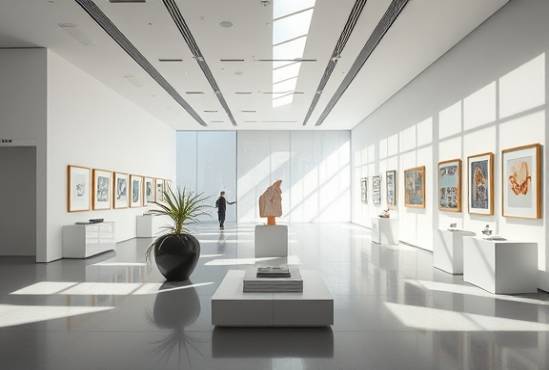 crystal-clear plexiglass clarity, pristine, enhancing, photorealistic, contemporary art museum interior with minimalist decor, highly detailed, interplay of shadows, HDR quality, colorless, sharp directional lighting, shot with an 85mm lens.