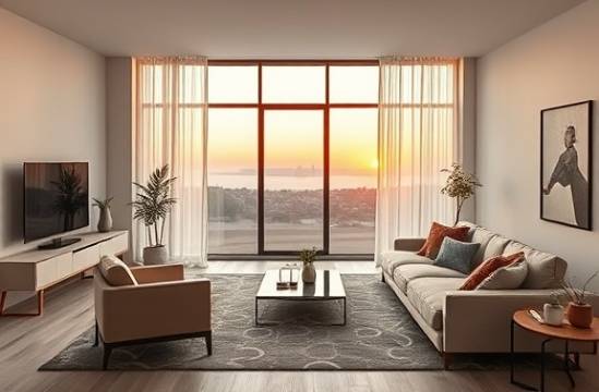 versatile plexiglass versatility, adaptive, transforming, photorealistic, chic residential living room with modern furniture, highly detailed, subtle light shifts, 8k depth, pure, warm sunset glow, shot with a 70mm lens.