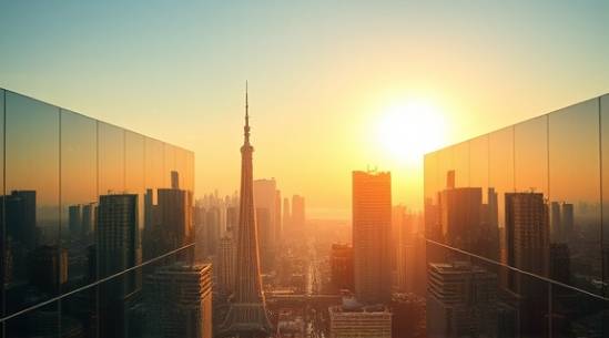 pristine glass sheets, symmetrical, gracefully laying together, photorealistic, geometric cityscape skyline, highly detailed, scattered sunbeams, 8k resolution, crystal clear, golden hour ambiance, shot with a tilt-shift lens.