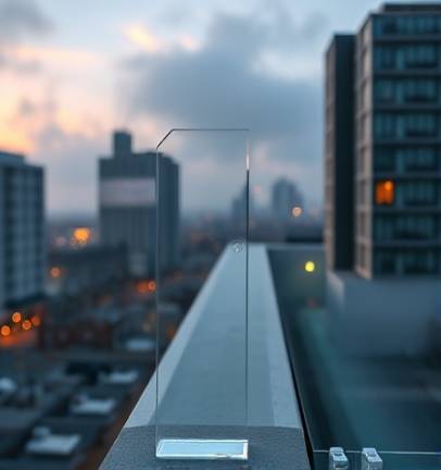 modern acrylic transparent, elegant, standing upright with poise, photorealistic, urban rooftop scene, highly detailed, soft fog enveloping, macro shot, pristine, soft twilight glow, shot with a macro lens.