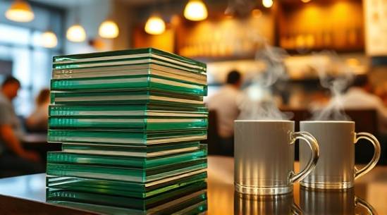 stacked glass sheets, harmonious, forming patterns, photorealistic, bustling cafe backdrop, highly detailed, steam rising from mugs, 35mm resolution, clear, warm incandescent lighting, shot with a wide-angle lens.