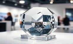 multi-faceted clear acrylic, intriguing, catching glimmers of light, photorealistic, gallery display, highly detailed, subtle reflections, high dynamic range, polished, spotlights, shot with a zoom lens.
