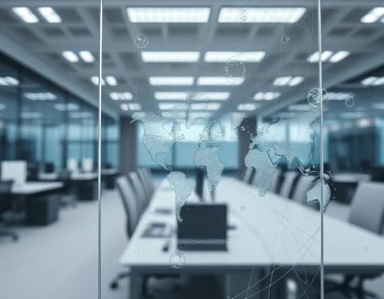 precision-cut glass sheets, analytical, precision alignment, photorealistic, modern office space, highly detailed, subtle air movement, detailed texture, glossy, evenly distributed LED lighting, shot with a high-resolution sensor.