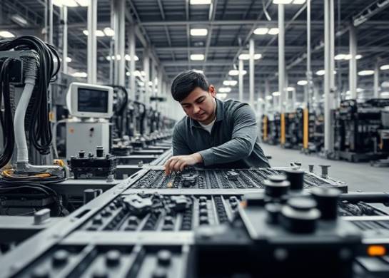 automated industry automation, focused determination, assembling intricate components, photorealistic, spacious warehouse with rows of machines, highly detailed, moving belts and blinking LEDs, ultra high-definition, industrial grayscale, fluorescent lighting, shot with a macro lens.