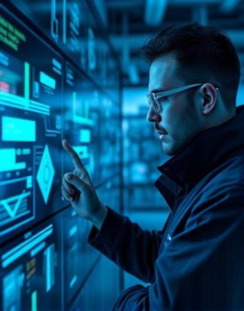 cutting-edge industry technology, confident and secure, inspecting advanced touchscreens, photorealistic, modern lab filled with glowing screens and sensors, highly detailed, reflections and sensor readouts, 4K resolution, cyber blue hues, ambient lighting, shot with a 35mm lens.