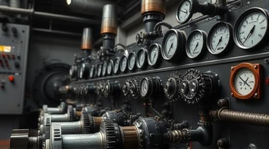 complex industry machinery, intense focus, calibrating intricate systems, photorealistic, control room with panels and dials, highly detailed, steam and gauges flickering, Full HD, muted metallic tones, studio lighting, shot with a standard lens.