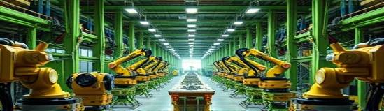 efficient industry manufacturing, collaborative teamwork, coordinating automated processes, photorealistic, open factory floor with efficient setups, highly detailed, synchronized robotic movements, 8K resolution, industrial green palette, diffused lighting, shot with a tilt-shift lens.